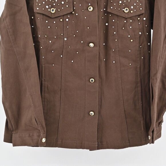 QUACKER FACTORY Denim Jacket Womens Sz M Brown Rhinestone Beaded Blinged Western - Picture 3 of 12